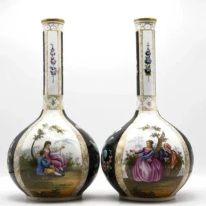 Pair of Antique Meissen/ Bottle Vases Watteau Courting Scenes 19th Century